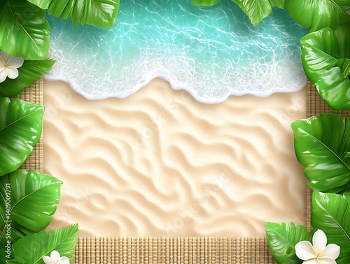 Tropical Beach Scene with Palm Fronds and Rattan Matting Background