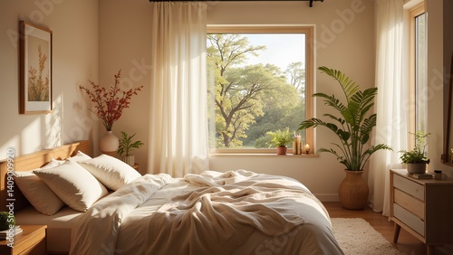Serene Bedroom with Natural Light and Plants in Cozy Atmosphere