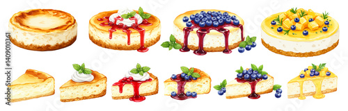 チーズケーキのスイーツ水彩風イラストセット ホイップ生クリーム/ブルーベリー/クランベリー/ラズベリー