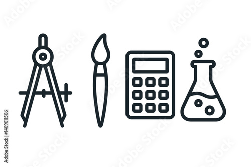 Education icons representing math, art, science, and calculation