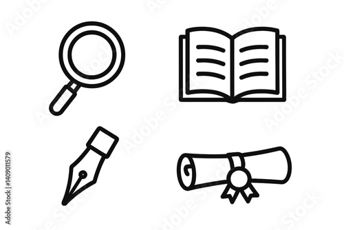 Emblems of academia representing learning, investigation, and accomplishment