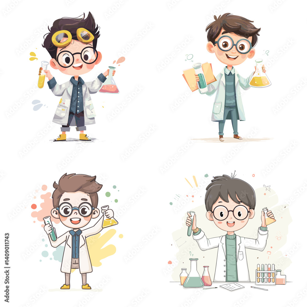 Cute cartoon boys dressed as young scientists holding lab equipment. Ideal for STEM education, science learning materials, school posters, and children's educational content.
Cute cartoon boys dressed as young scientists holding lab equipment. Ideal for STEM education, science learning materials, school posters, and children's educational content.