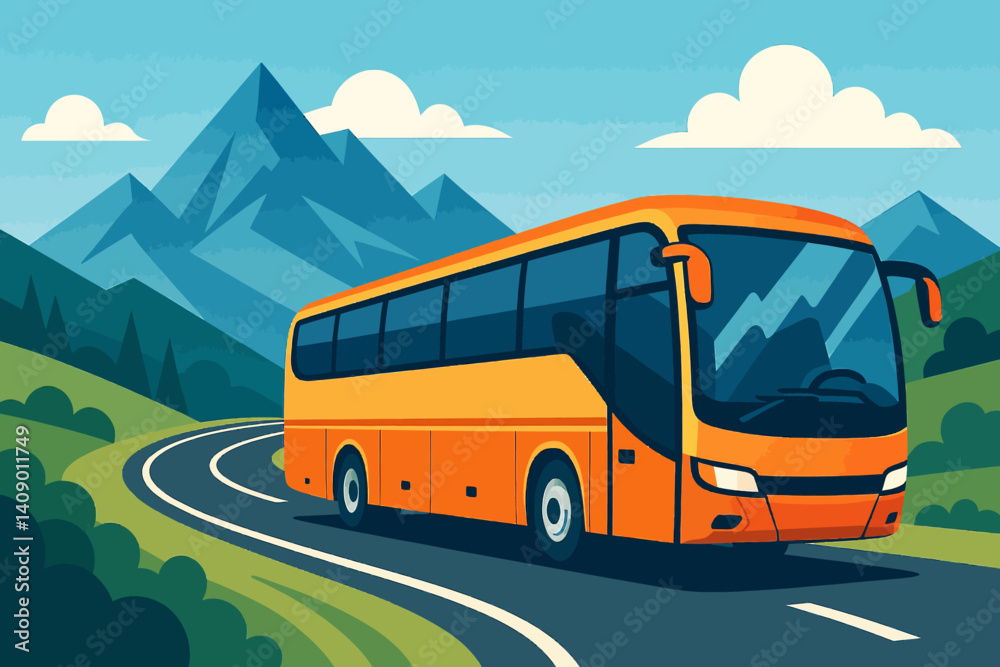 A bus journey through picturesque landscapes is depicted in a flat travel scene