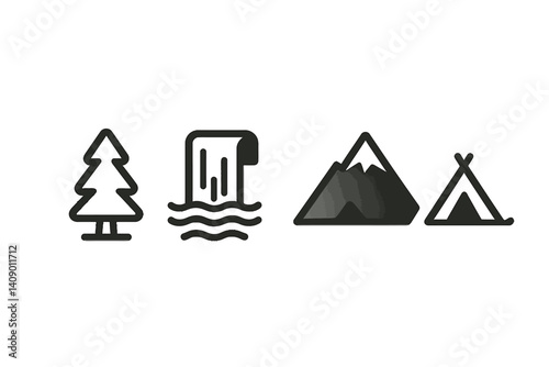 Outdoor adventure icons featuring natural landscapes