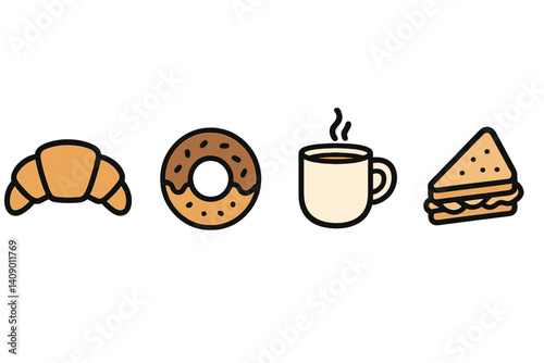 Breakfast and snack icons in a flat minimal style