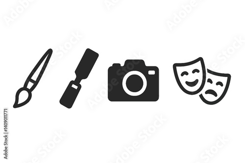 Icons symbolizing painting, sculpting, photography, and theater