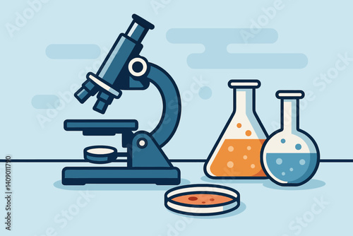 A science laboratory setup that focuses on research equipment is described as flat