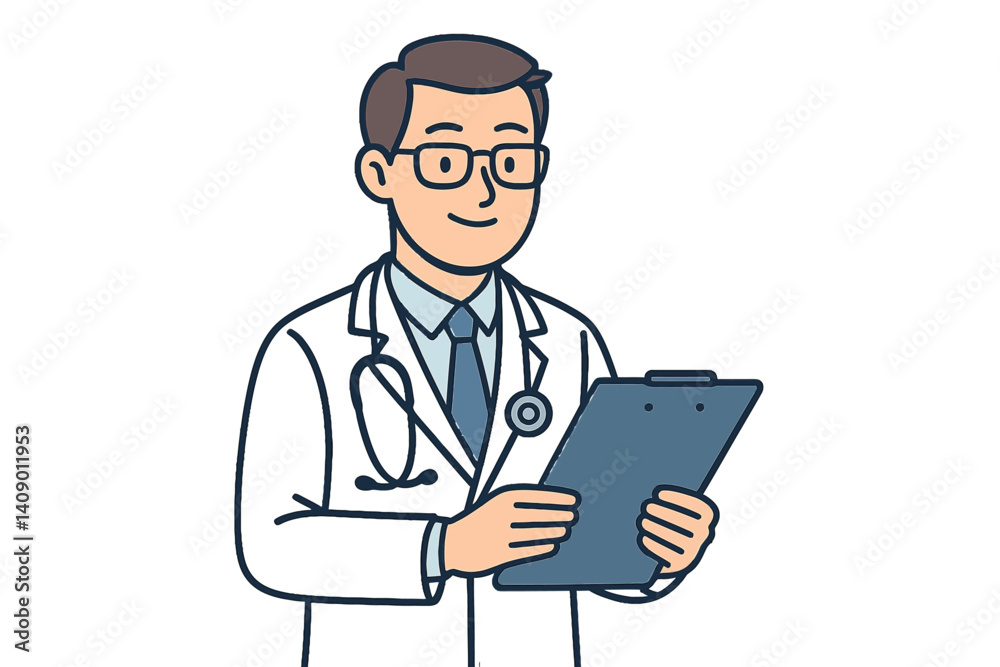 A minimalistic depiction of a doctor is shown with flat design and medical tools. A minimalistic depiction of a doctor is shown with flat design and medical tools.