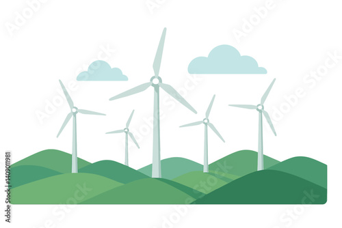 Flat scene of wind turbines on green hills