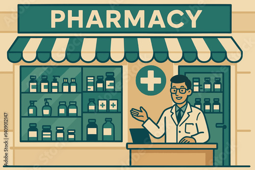 Flat medical retail scene featuring drugstore environment