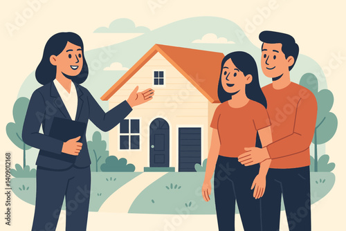 Flat property viewing scene emphasizing home buying