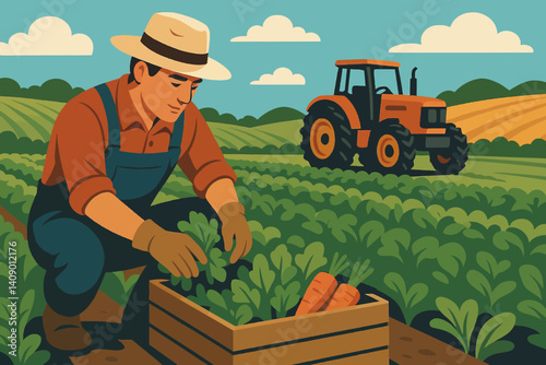 Agricultural landscape featuring an array of fresh produce and various farm equipment