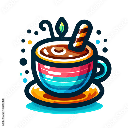 Colorful coffee cup with a striped stirrer and leaves  
