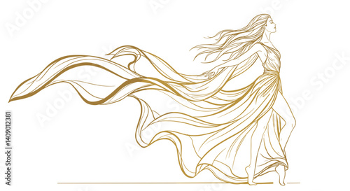 Woman gracefully walking in a flowing dress against a minimalist backdrop  