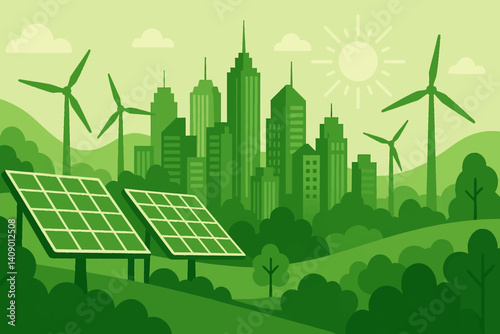 Flat eco-city concept highlighting clean energy sources