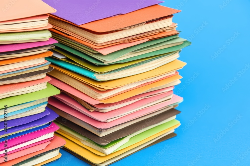 A vivid stack of notebooks rests on a blue surface, showcasing various colors and textures. A vivid stack of notebooks rests on a blue surface, showcasing various colors and textures.