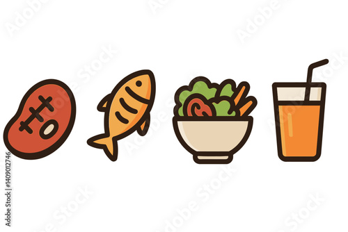 Food icons covering main course, seafood, healthy greens, and beverage