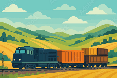 A flat railway transport scene is depicted with freight being delivered