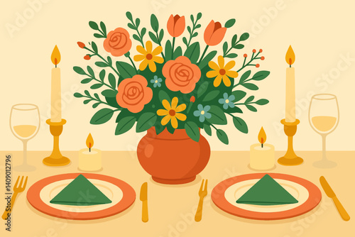 The table decor exudes a warm ambiance in a flat celebration setting