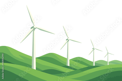 A flat landscape featuring wind turbines situated on green hills