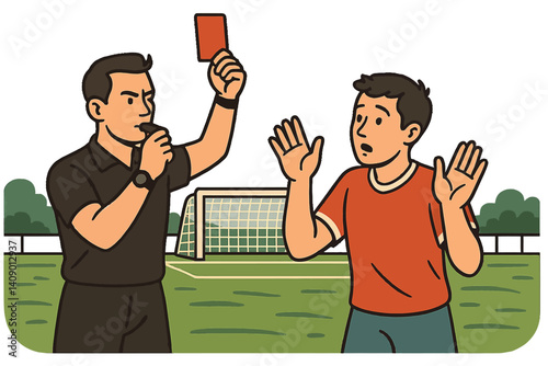 A flat sports scene emphasizes a moment of penalty in a game