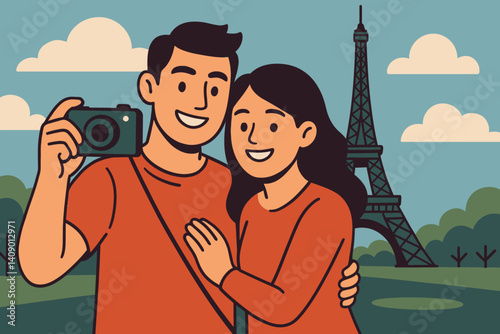 The tourism scene is flat, with travelers capturing memories of their vacation