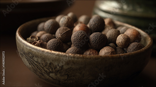 Allspice berries in ceramic dish, earthy brown