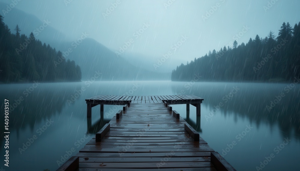 Fototapeta premium Serene Rainy Day at Quiet Lake with Wooden Dock Surrounded by Misty Mountains