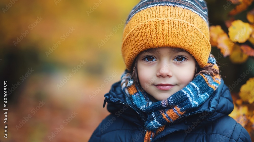 A cheerful child stands in an autumn park, wearing a cozy hat and scarf. The vibrant fall foliage enhances the joyful atmosphere, capturing innocence and warmth. A cheerful child stands in an autumn park, wearing a cozy hat and scarf. The vibrant fall foliage enhances the joyful atmosphere, capturing innocence and warmth.