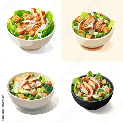 Realistic Caesar salad bowl illustrations with grilled chicken, romaine lettuce, croutons, and creamy dressing. Great for healthy food, recipe, and restaurant design themes.

