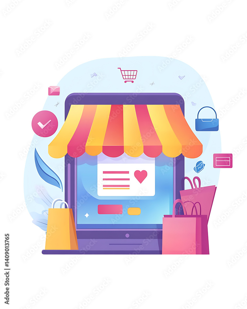 Online shopping, digital selling, ecommerce process, and customer experience through modern illustrated scenes on white background.