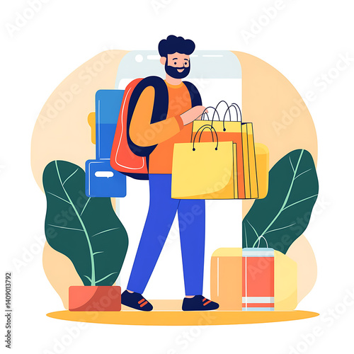 Online shopping, digital selling, ecommerce process, and customer experience through modern illustrated scenes on white background.