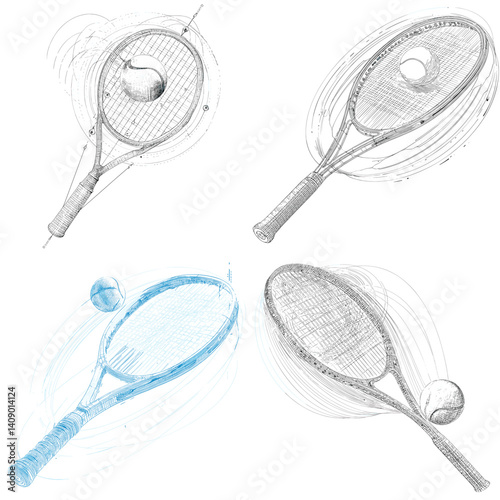 Artistic hand-drawn sketches of tennis rackets and balls in motion. Ideal for sports-themed designs, training materials, and creative illustrations related to tennis.

