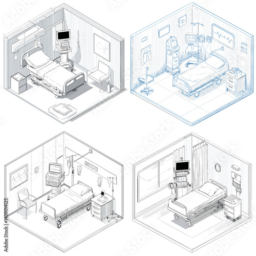 Detailed isometric illustrations of hospital rooms with beds, monitors, and medical equipment. Ideal for healthcare, medical infographics, and architectural design projects.

