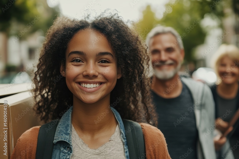 Fototapeta premium Smiling teen girl carries boxes with family in background on moving day. Perfect image to show a family supporting their child's independence.