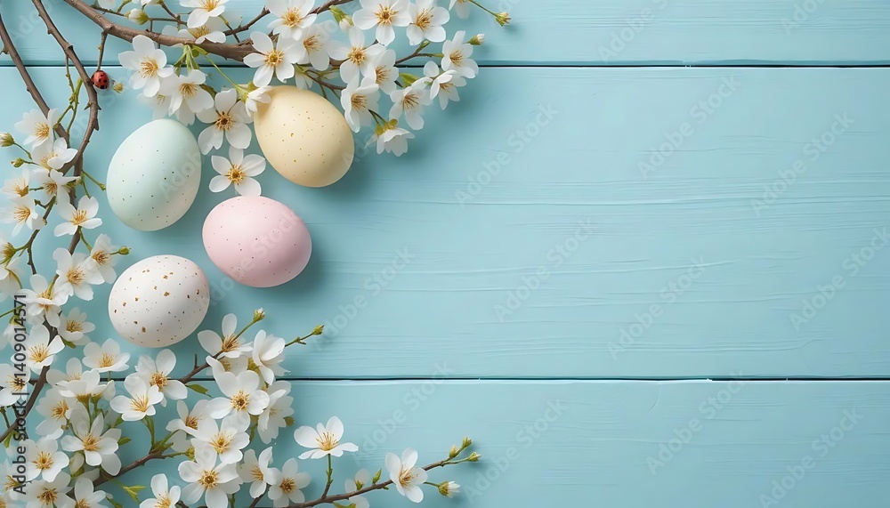 Obraz premium Easter eggs, spring blossoms, pale blue wooden background, delicate white flowers