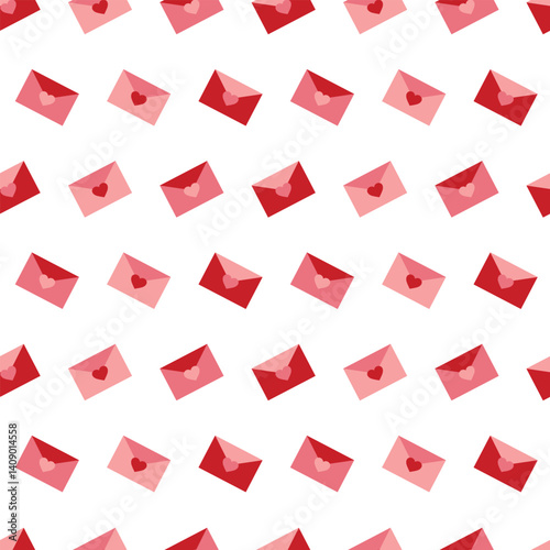 Seamless pattern with red and pink love envelopes with hearts
