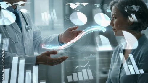 Medical Consultation with Female Patient and Advanced Genetic Analysis Display in Healthcare Setting
