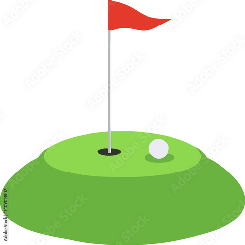 Vector graphic illustration of a golf course green. A flagstick with a golf ball rests on the putting surface