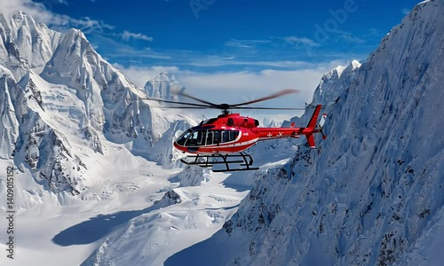 Red helicopter flying over snowy mountain peaks.