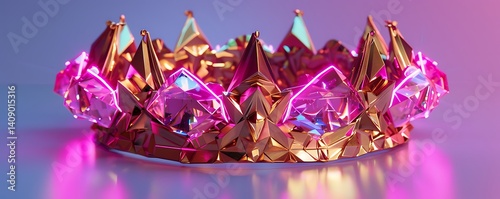 A cybernetic golden crown embedded with AI-powered gemstones radiating neon pink light