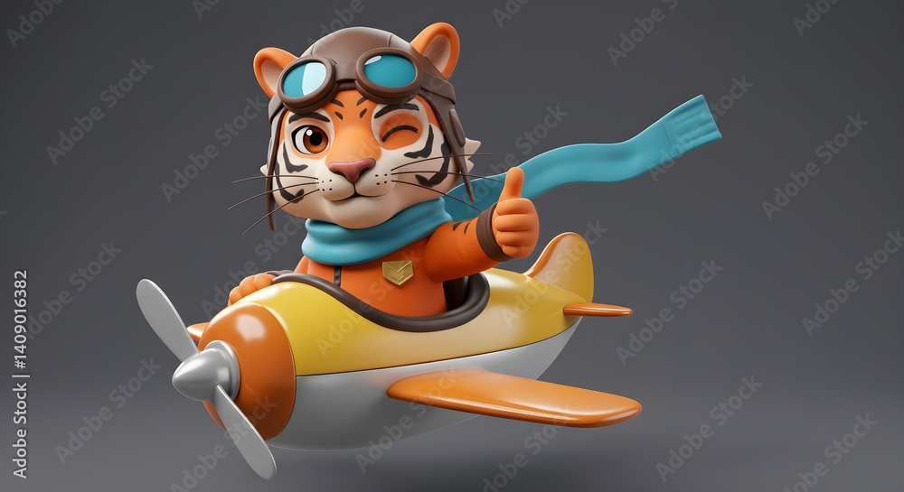 Tiger Pilot Flying Airplane with Thumbs Up and Aviator Goggles Tiger Pilot Flying Airplane with Thumbs Up and Aviator Goggles