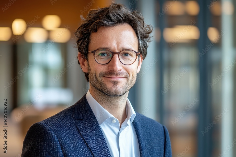 Smiling man with glasses in suit, looking at camera indoors. Image for corporate headshot or professional profile pictures use. Smiling man with glasses in suit, looking at camera indoors. Image for corporate headshot or professional profile pictures use.