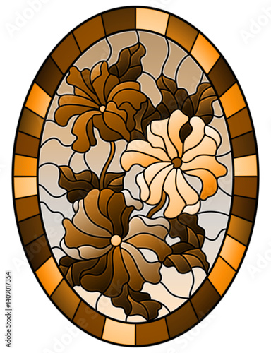 Illustration in stained glass style with a bouquet of flowers  in a frame, oval image,  tone brown