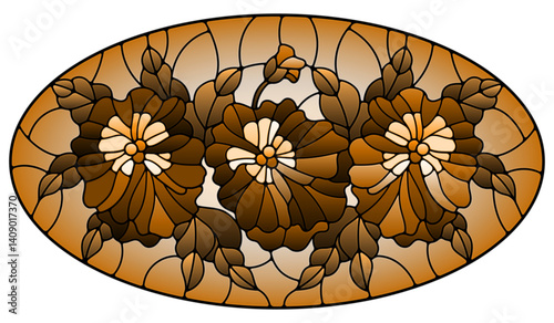 Illustration in stained glass style with flowers, buds , leaves and flowers of pansy, oval image, tone brown
