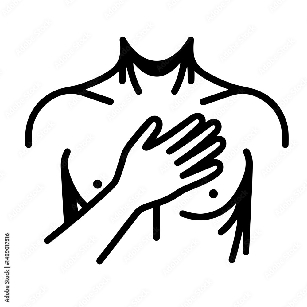 Minimalistic line drawing of a person expressing emotion with hand on chest Minimalistic line drawing of a person expressing emotion with hand on chest