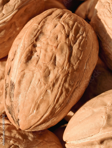 Natural background of walnuts lying under the bright sun,close-up