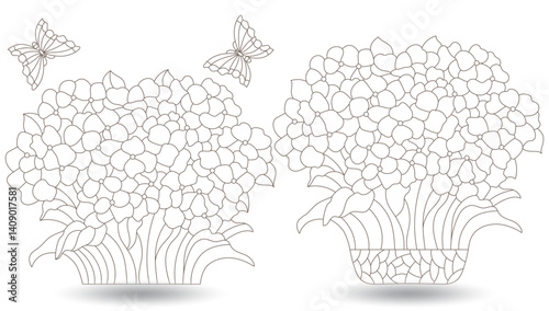 A set of contour illustrations in the style of stained glass with bouquets of hydrangeas , dark outlines on a white background