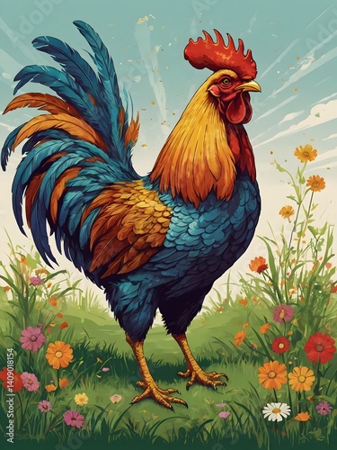 Majestic Farm Rooster – Colorful Children’s Book Style Illustration photo