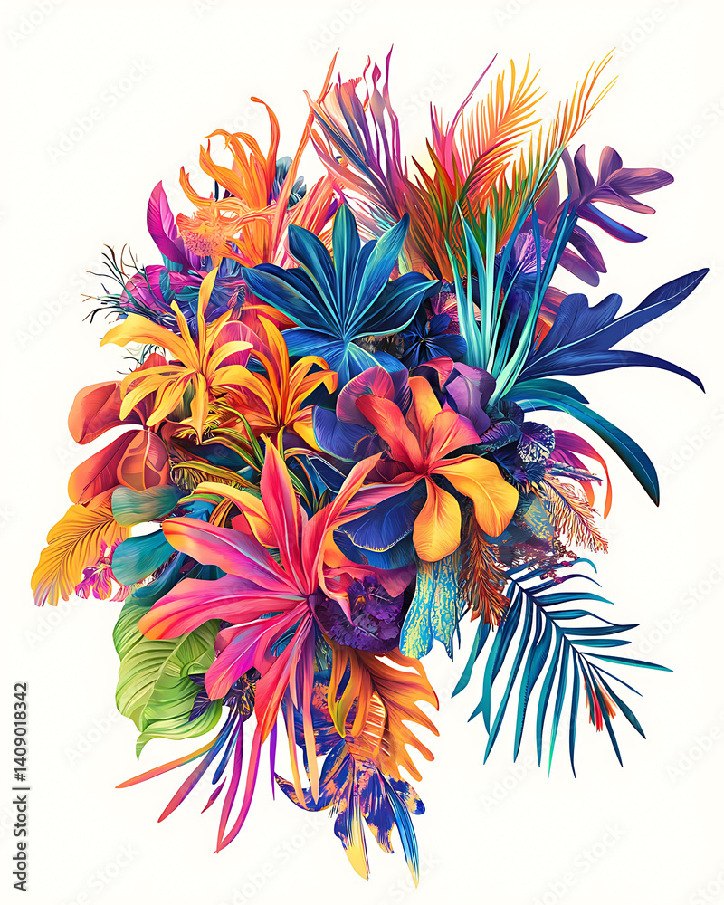 illustrations of various trees, leaves, grasses, and botanical elements on white background.
